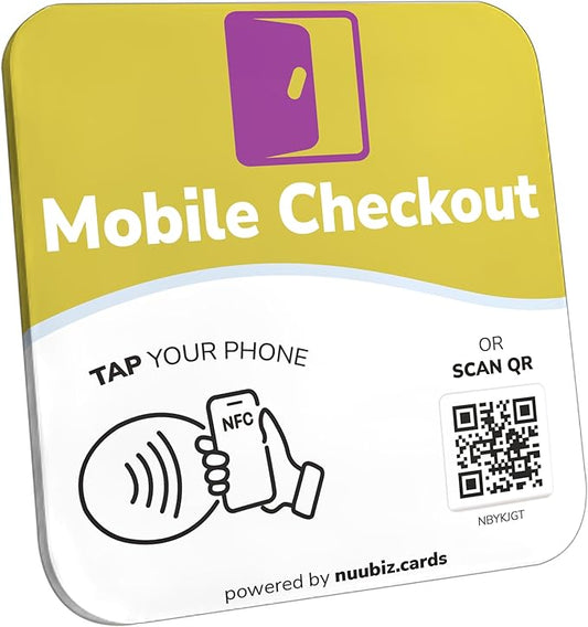 NFC Business QR Code Sign Plate for Completing Mobile Checkout – Drive Offline Engagement Online – Works Like Review Tap Card & Social Media Sign – No App or Fees – Includes Stand or Adhesive