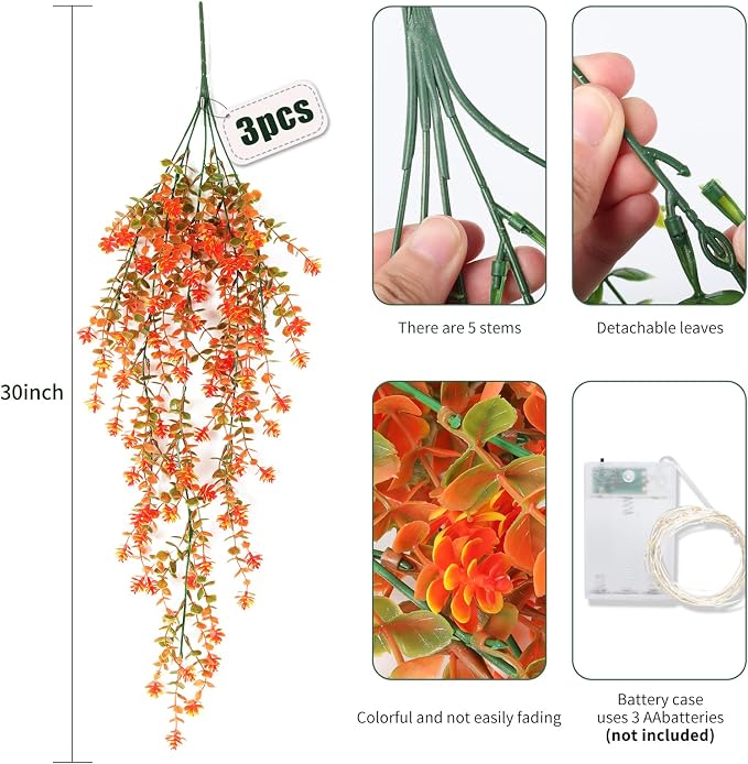 RECUTMS Fall Artificial Flowers - Faux Hanging Plants with Lights for Thanksgiving Indoor/Outdoor Wedding & Garden Party (Salmon)