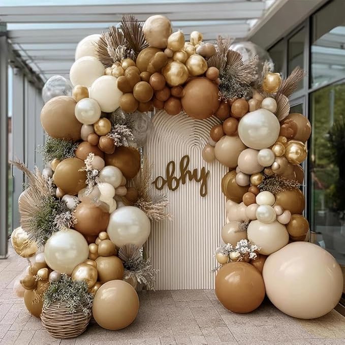 Brown Balloon Garland Arch Kit Double Stuffed, Pearl White Sand Tan Coffee Beige Apricot Ivory Gold Neutral Balloon for Boho Baby Shower Birthday Wedding Bear Gender Safari Party Decoration