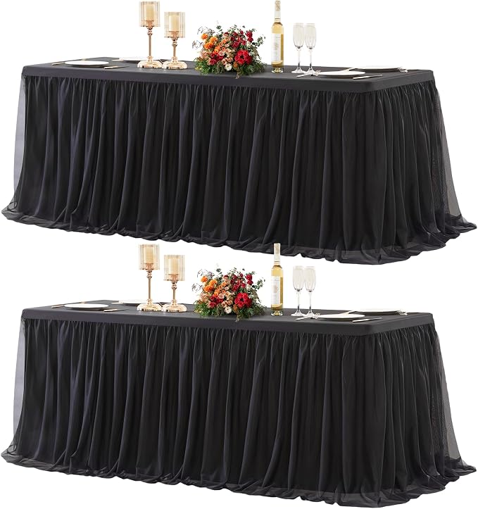 2 Pack Black Tulle Tablecloths for 6 Foot Rectangular Tables, 72 x 30 Inch Black Rectangle Table Cloths, Wrinkle Free Table Cover with Tutu Skirt for Wedding Birthday Party Banquet Buffet Decorations