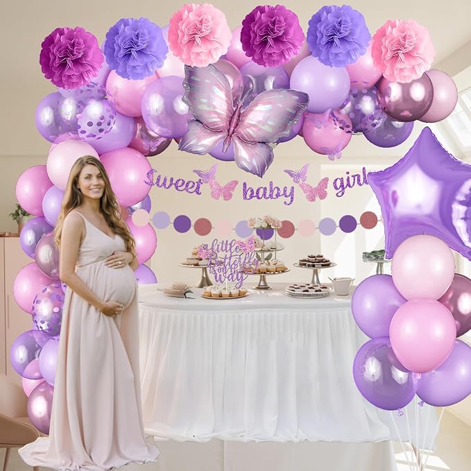 Butterfly Baby Shower Decorations for Girl, Sweet Baby Girl Banner with Pearl Pastel Purple Light Pink Latex Foil Balloons Cake Topper Pom Poms for A Little Butterfly Is On The Way Decoration Supplies