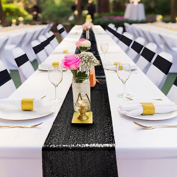 Newwiee 54 Pcs Black Sequin Chair Sashes and Table Runners, 48 Sequin Chair Bows, 6 Glitter Table Runners for Birthday Party Wedding Banquet Holiday Decorations