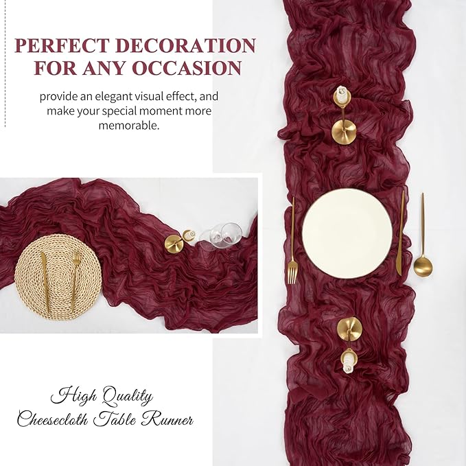 16 Pack 10Ft Cheesecloth Table Runner Burgundy, 20 x 120 Inch Rustic Gauze Boho Cheese Cloth Table Runners Wedding Long Table Runner for Wedding Party Bridal Shower Table Decoration
