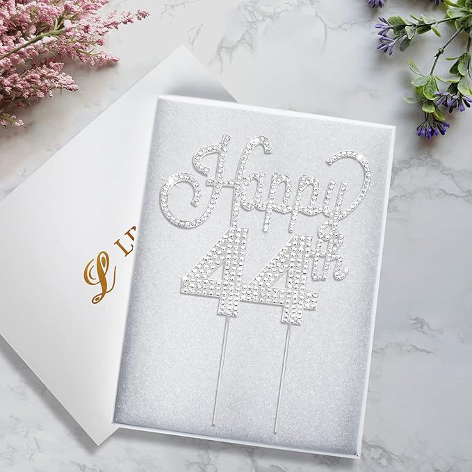 LINGTEER Happy 44th Birthday Silver Rhinestone Cake Topper - Cheers to 44th Birthday 44 Years Old Anniversary Party Cake Centerpieces Topper Decorations Gift Sign.