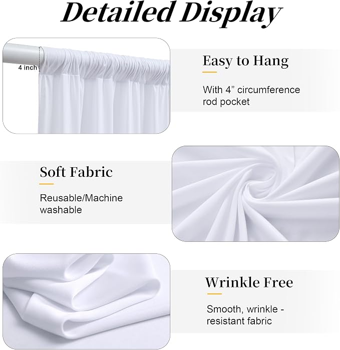 20ft x 15ft White Backdrop Curtains for Wedding Parties, 4 Panels Wrinkle Free Fabric Drapes Photo Backdrop for Baby Shower Birthday Stage Reception Lobby Decoration