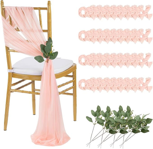 QueenDream Blush Chair Sashes Wedding: 36 Pieces Long Sheer Wedding Aisle Chair Decorations Tulle ChairCovers with Artificial Eucalyptus