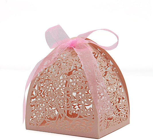 KPOSIYA Pack of 70 Laser Cut Rose Candy Boxes, Favor Boxes 2.5"x 2.5"x 3.1", Gift Boxes Bridal Shower Anniverary Birthday Party Wedding Favor (Pink)