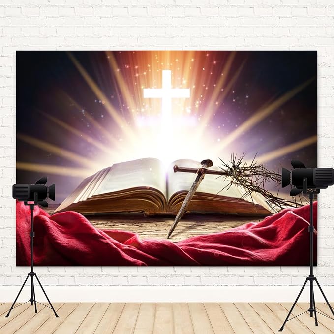 12x8ft Bible Crucifix Backdrop Christian Cross Photography Background Jesus Christ Crown of Thorns Opened Book Church Events Banner Decorations Easter Religious Portrait Photo Booth Prop