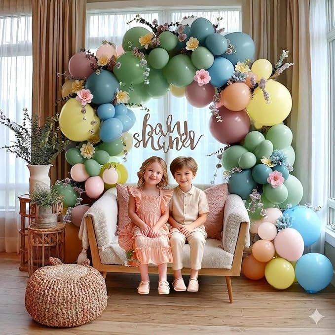 Pink Blue Green Balloon Arch Kit with Artificial Flowers, Double Stuffed Light Baby Yellow Pink Blue Green Pastel Floral Balloon Garland for Baby Shower Wedding Birthday Fairy Spring Tea Party Decor