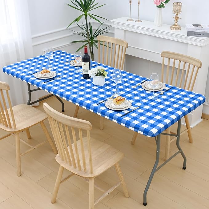 Smiry Picnic Table Cloth 6 Pack, Waterproof Elastic Fitted Tablecloths for 6FT Rectangle Tables, Washable Polyester Buffalo Plaid Tablecloth for Camping, Dining & Outdoor (Blue & White, 30" x 72")