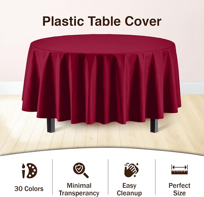 Exquisite Burgundy Round Tablecloths Plastic Table Cloth Disposable 48 Pack 84" Inch Round Table Cloth Disposable Burgundy Tablecloths Plastic Tablecloth Indoor/Outdoor Tablecloth Party Supplies
