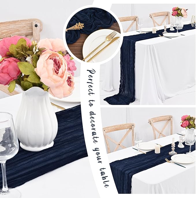 24 Pack Navy Blue Cheesecloth Table Runner,10FT Gauze Boho Long Cheesecloth Table Runners 20x120inch Rustic Cheese Cloth Table Runner for Wedding Party Bridal Shower,Table Decorations