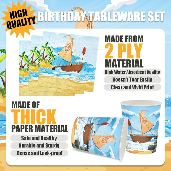 168Pcs Ocean Girl Party Decorations Cartoon Party Supplies Hawaiian Theme Birthday Decoration Paper Plates and Napkins Tableware Set for Girls Boys