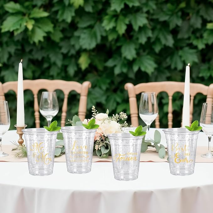 FYSUIMU 120Pcs Wedding Plastic Cups 12Oz Gold Mr and Mrs Disposable Clear Drinking Cups for Wedding Bride Shower Party Supplies, 4 Designs