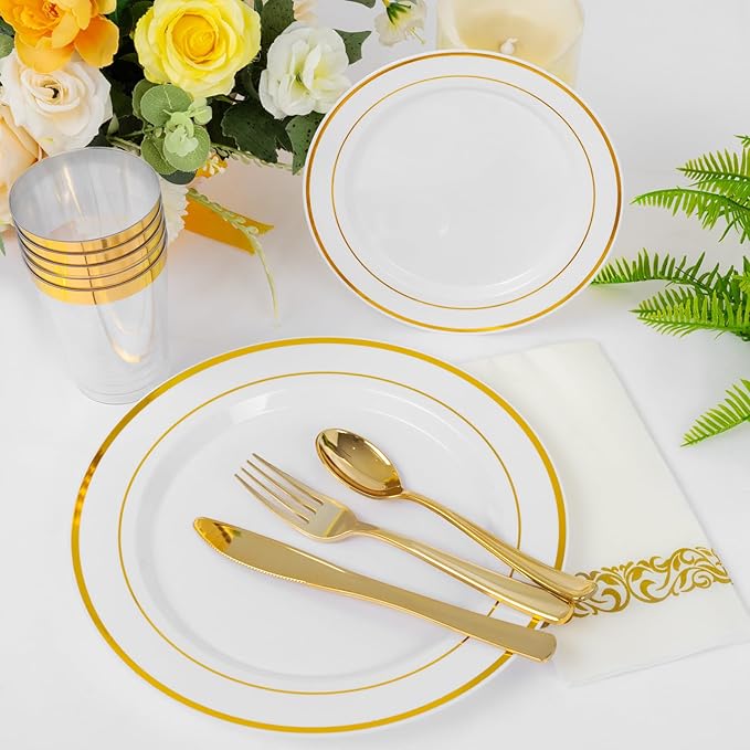 Supernal 400pcs Gold Plastic Plates for 50 Guests Heavy Duty Disposable Party Plates, 200 Gold Plastic Silverware, Linen Napkins, Clear Cups For Valentine's Day Mother's Day and Easter