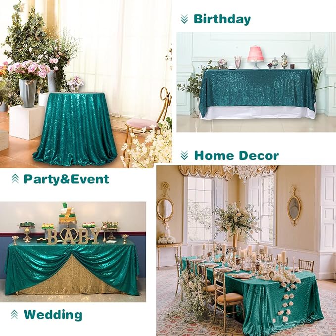 Eternal Beauty Teal Tablecloth, 90x132 Inch Sequin Rectangle Table Cover for Cake Dessert Exhibition Party Birthday Events