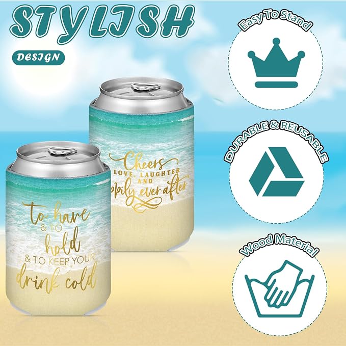 Qinyoung 50 Pieces Beach Theme Wedding Can Cooler Bulk Engagement Party Favors for Guests Cheers to Love Laughter and Happily Ever After Rehearsal Dinner Decorations for Wedding Bridal Party