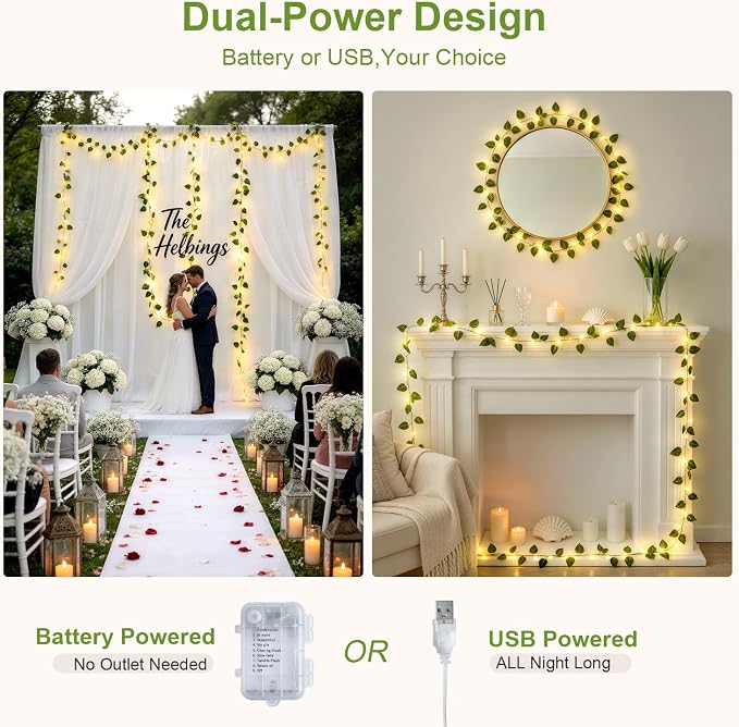 JMEXSUSS 33 FT 100 LED Vines with Lights USB/Battery Operated, Pothos Vines with Fairy Lights with Remote, Fake Leaf Lights for Bedroom Classroom Wall Dorm Wedding Decor (Warm White)