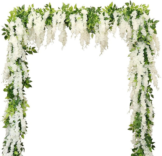 dallisten Wisteria Artificial Flowers Garland, 4Pcs 7.2Ft/Piece Silk Fake Wisteria Vine Kit, Hanging Flower for House Outdoor Garden Ceremony Outside Wedding Arch Floral Decor (4, White)