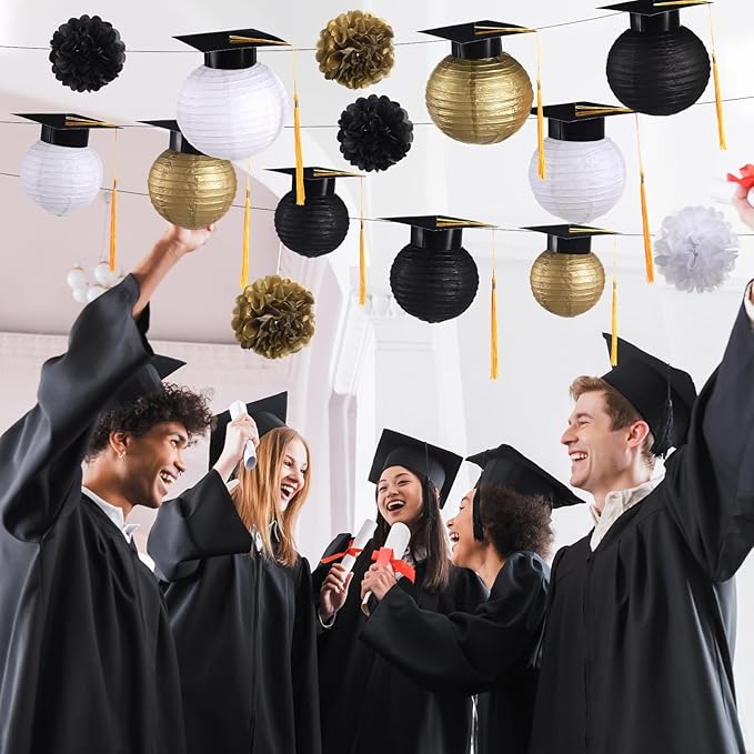 Gilprop 15 Pcs Black and Gold Graduation Decoration 2026 Paper Lanterns Graduation Party Decorations Hanging Round Paper Lanterns with Black Grad Hat Tassel for Congratulation Grad Decorations