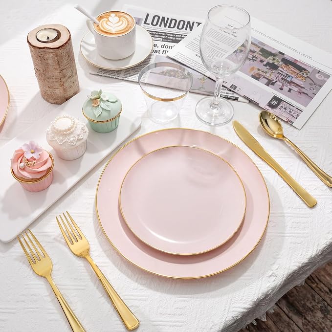 WDF 150Pcs Pink Plates Disposable - Pink and Gold Plastic Plates 25guest Disposable Dinnerware Include 25 Dinner Plate, 25 Dessert Plate, 25 Cutlery & 25 9oz Cups for Baby Shower/Wedding/Birthday