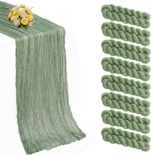 8 Pack Sage Green Cheesecloth Table Runner 21x120 Inch Gauze Table Runners Reusable Polyester 10ft Boho Rustic Cheese Cloth Table Runner for Wedding Party Baby Shower