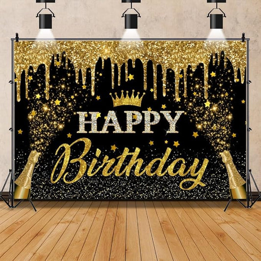 Black Gold Happy Birthday Backdrop Banner 7x5ft Glitter Black and Gold