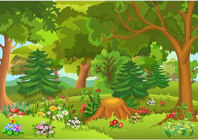 Cartoon Forest Backdrop Fairytale Jungle Forest with Flowers Mushroom Photography Background for Birthday Party Decorations Baby Shower Kids Game Portrait Photoshoot Photo Background Props 6x4ft