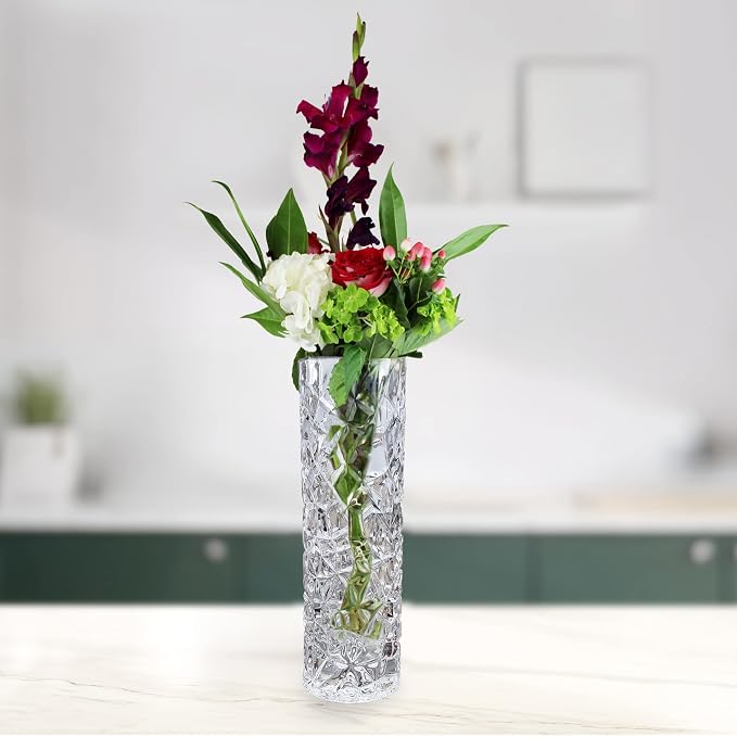 CS Crystal Vase 15-inch high, Frost Flower Design, for Flowers & Decor. Lovely Nice Shiny Piece. Perfect as a Gift, Suitable for All Occasions.