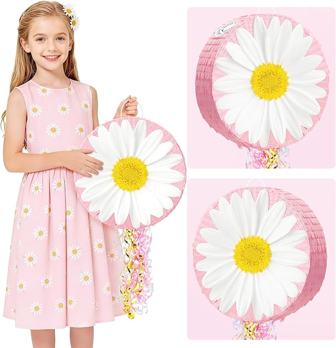 WERNNSAI Daisy Flower Piñata - Daisy Party Game Pink Flower Piñata for Girls Birthday Party Decorations Spring Party Favor Baby Shower Celebration Supply with Bat Blindfold
