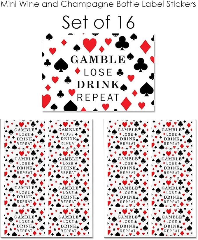 Big Dot of Happiness Las Vegas - Mini Wine and Champagne Bottle Label Stickers - Casino Party Favor Gift for Women and Men - Set of 16