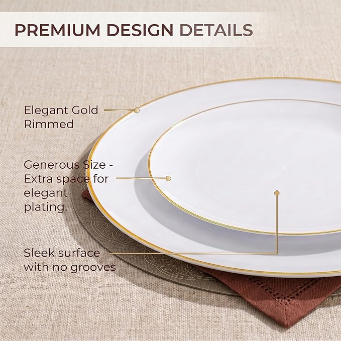 KIRE 100PCS White and Gold Plates - Plastic Disposable Plates - Includes 50Pieces 10.25inch Dinner and 50Pieces 7.5inch Dessert/Salad Plastic Plate for Wedding/Party/Baby Shower/Bridal Shower