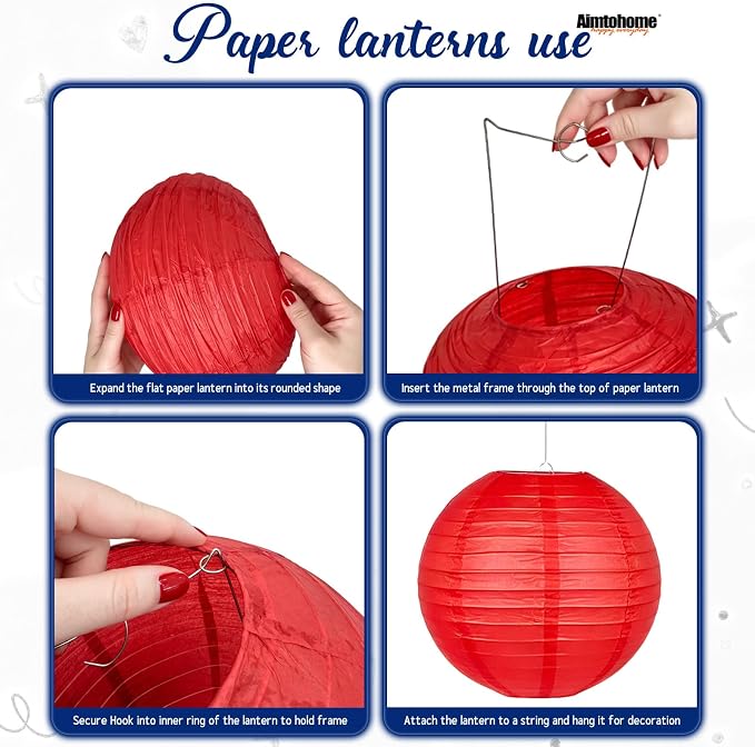 Paper Lanterns Set (10 Pcs)- 8/10 Inch Royal Blue, Red, White, Gold & Silver Round Hanging Paper Lanterns for Wedding, Birthday, Patriotic Holiday, Party Decor, Baby Showers & Home Accents