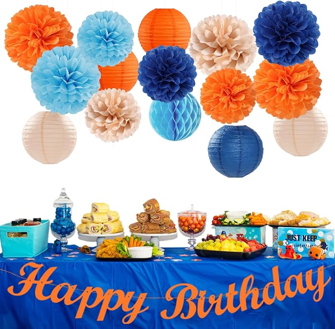 Navy-Blue Orange Champagne Party-Decorations Paper-Flowers - 15pcs Fall Birthday Baby Bridal Shower Tissue Pom Poms Lanterns Streamers Honeycomb, Wedding Bachelorette Hanging Supplies Decor Hugfond