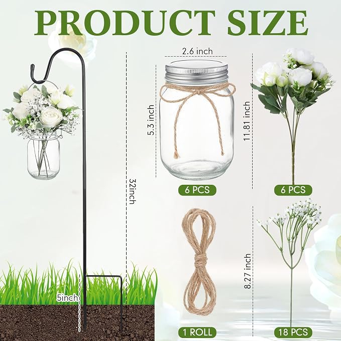 6 Sets Wedding Aisle Decorations with 16 oz Hanging Mason Jar Peonies Baby's Breath Flowers Vase 32" Shepherds Hooks Rustic Mason Jar with Faux Flower for Wedding Ceremony Outdoor Isle Decoration