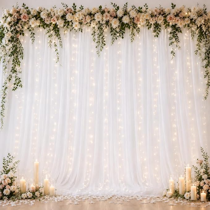 Ledido 3 Pack 10×8ft White Tulle Backdrop Curtains with Lights String - 900LED Fairy Lights Sheer Curtain Backdrop for Wedding Baby Shower Photo Shoot Birthday Party Decoration(6 Panels 5×8ft)，White