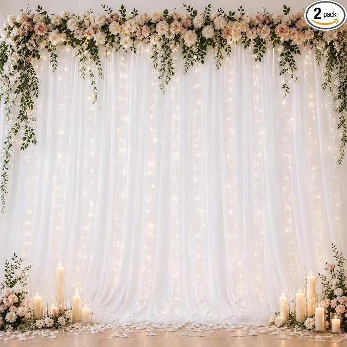 Ledido 10×10ft White Tulle Backdrop Curtains with Lights String - 300LED Fairy Lights Sheer Curtain Backdrop for Wedding Baby Shower Photo Shoot Birthday Party Decoration(2 Panels 5×10ft)，White