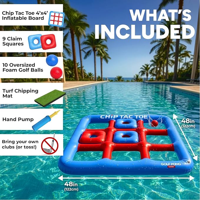 Golf Pong Chip Tac Toe Floating Pool Game - 4FT Inflatable Tic Tac Toe Pool Toy for Adults & Teens, Outdoor Games, Pool Party Games, Backyard Games & Yard Games (No Club Included)