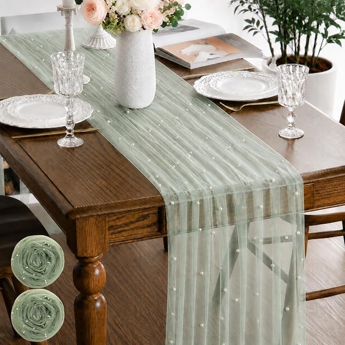 Pearl Sage Gauze Pearl Table Runner 120 Inch 10FT, Seasonal Sheer Dining Holiday Wedding Birthday Baby Shower Tulle Summer Table Decor for Home Party