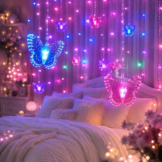 Butterfly Curtain Fairy Lights USB Plug in,8 Modes 120 LED 19.7FT Firefly Twinkle Timer String Lights with Remote, Waterproof Copper Wire for Bedroom Patio Christmas Wedding Party (Multi-new)