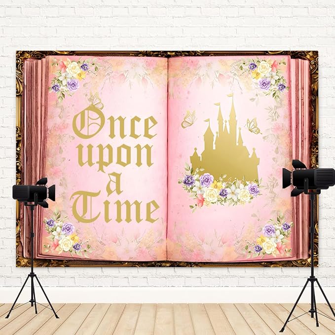 7x5ft Once Upon a Time Backdrop Fairy Tale Book Castle Photography Background Pink Floral Butterfly Princess Birthday Baby Shower Wedding Party Decor Photo Booth Props for Girls Photoshoot