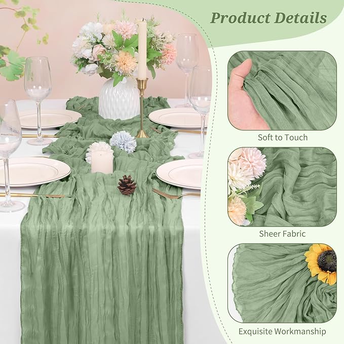 10 Pack Cheesecloth Table Runner Sage Green, Rustic Boho Gauze Fabric Table Runner Romantic Table Runner for Wedding, Festival, Birthday, Anniversary, Dinner and Outdoor Events (17.7 x 108 inch)