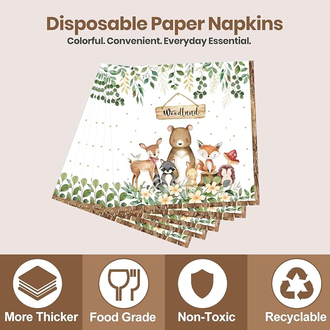 Woodland Baby Shower Party Supplies, 350PCS Safari Jungle Animal Disposable Tableware Set with Plates Napkins Cups Spoons Forks Knives for Woodland Theme Birthday Party Decorations, Serves 50 Guests