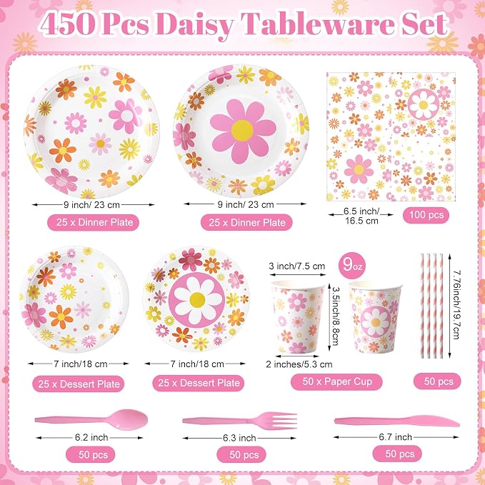 450 Pcs Daisy Groovy Tableware Set Decorations Boho Daisy Flower Paper Plates Napkins Cups Cutlery Straws for Boho Hippie Retro Birthday Baby Bridal Shower Wedding Tea Party, Serves 50