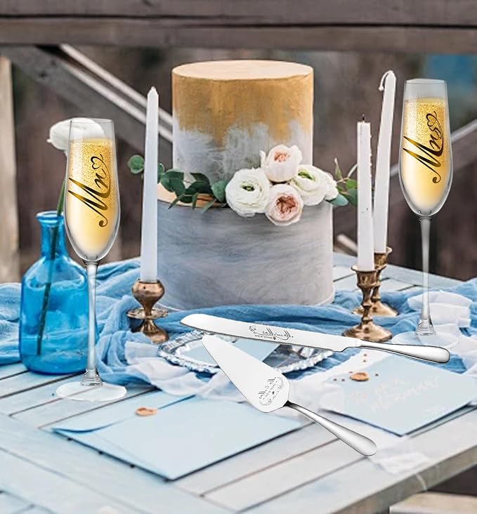 Mr and Mrs Champagne Flutes, Wedding Cake Knife and Server Set, Bride and Groom Champagne Glasses, Cake Cutting Set for Wedding, Bridal Shower Gifts, Engagement Gifts for Couples (Silver, Set of 6)