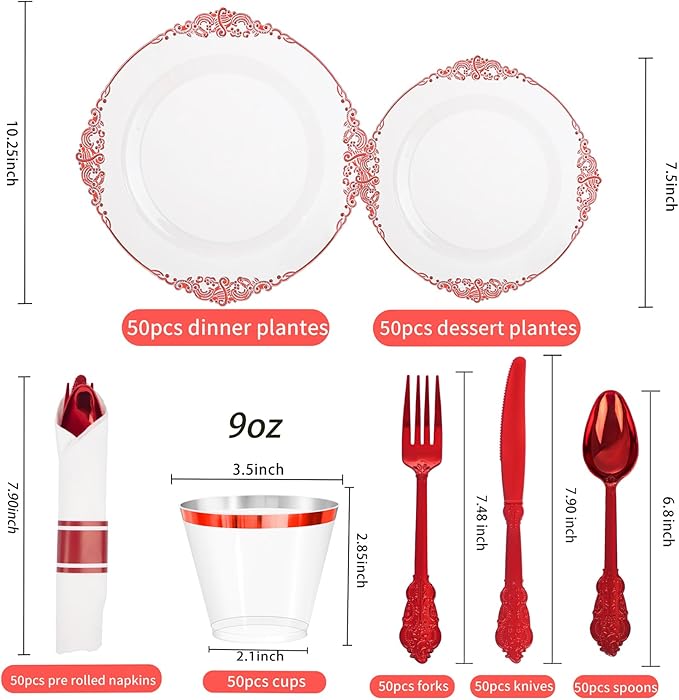 Hioasis 350pcs Clear and Red Plates - Red Party Plates for 50 Guest, Include 100 Heavy-duty Plates(20% Thicker Than Standard), 50 Pre Rolled Gold Plastic Silverware Set, 50 Cups
