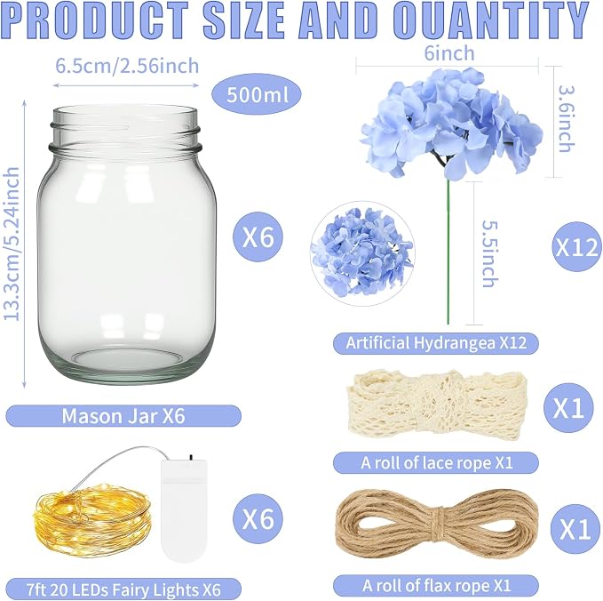 Mason Jar Table Centerpiece Set of 6 with Lights Blue Hydrangea artificial Flowers for Engagement Party Bridal Shower Centerpieces Wedding Christmas Thanksgiving Party Reception Table Decor