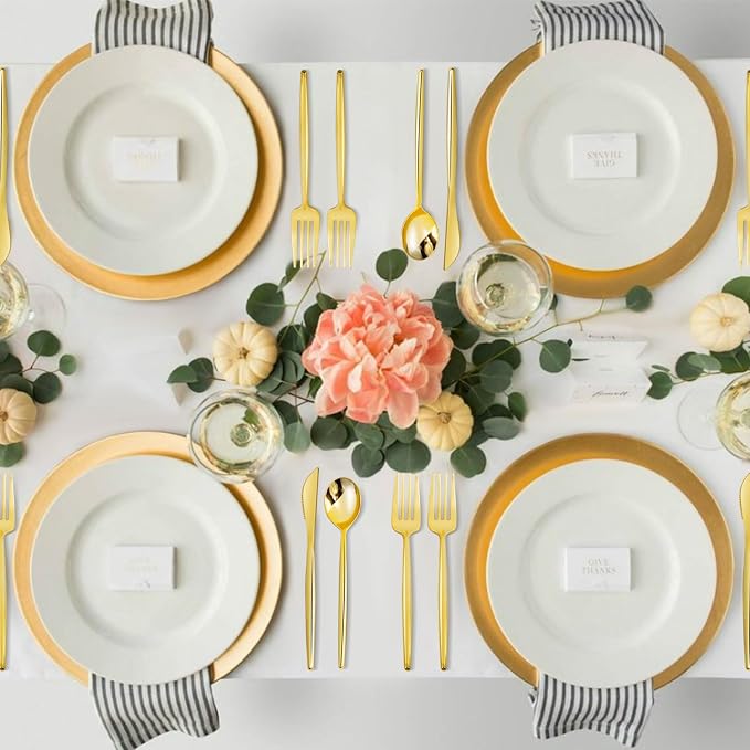 SUT 150PCS Gold Plastic Silverware Set, Heavy Duty Disposable Cutlery for Party,Includes 50 Forks, 50 Spoons and 50 Knives, Elegant Plastic Flatware for Wedding, Birthday and Catering