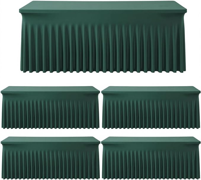 Outpain 8ft Spandex Table Cloth for Standard Folding Tables-4Pack Hunter Green Table Cloth Table Protector for Party, Wedding, Cocktail, Banquet, Festival
