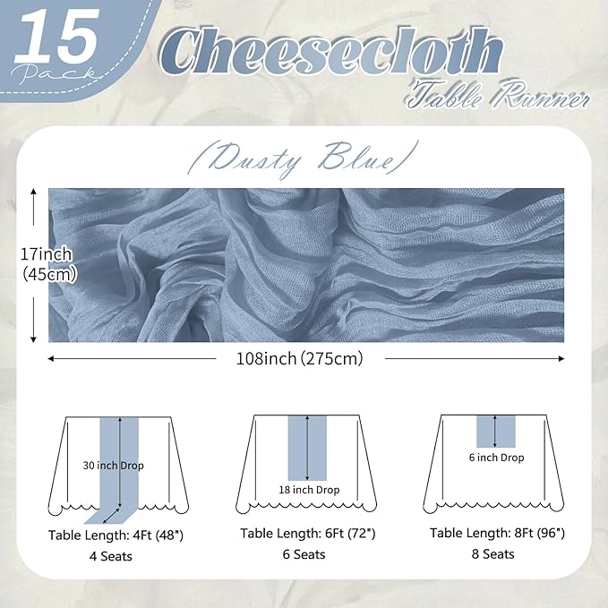 15 Pack Dusty Blue Cheesecloth Table Runner 17 x 108 inch Cheese Cloth Table Runners 9ft Blue Table Runner Rustic Romantic Sheer Gauze Runner for Wedding Party Baby Shower Table Decoration